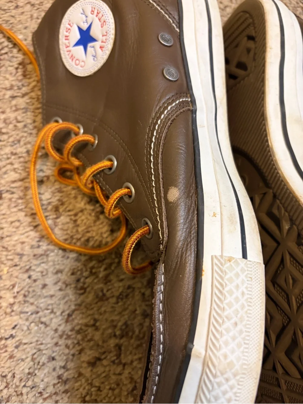 Converse Brown Leather High-Top Sneakers with Orange Laces 10 chukka